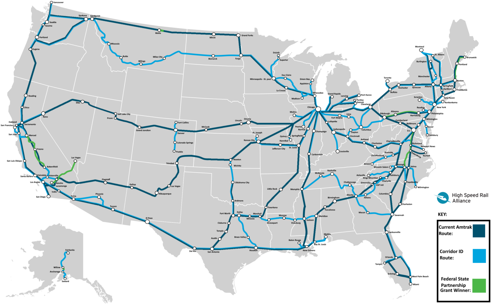 National_Corridor_ID_Map_logo A map of existing Amtrak routes, routes with fed-state partnership grants and Corridor ID grants, as of 12/8/23