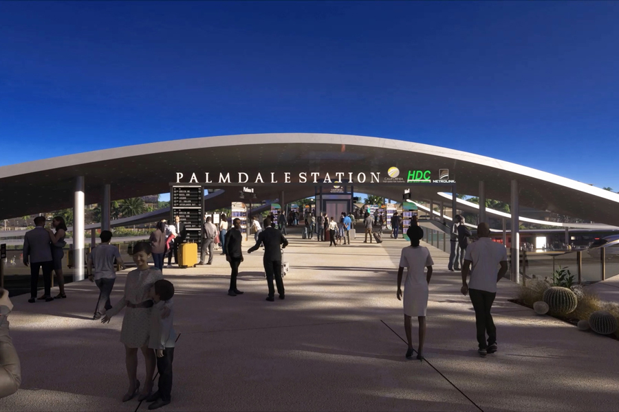 A conceptual rendering of the high-speed rail station at Palmdale, CA