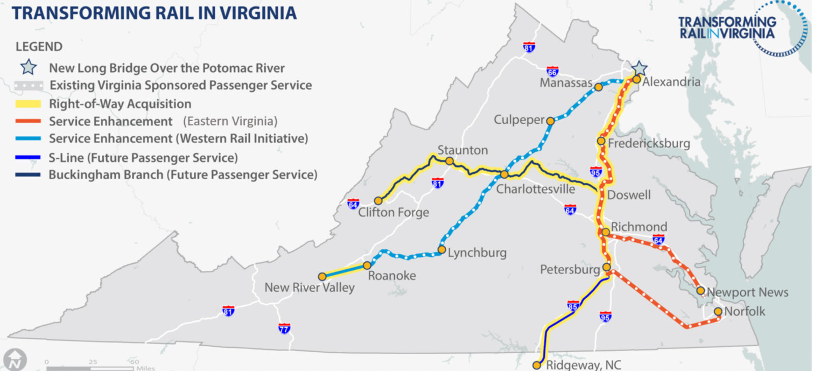A map outlining Virginia's 2022 state rail plan