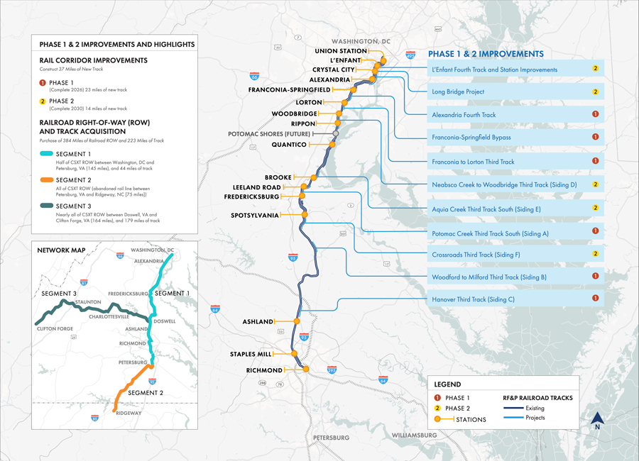 A map of proposed projects along the Washington, DC - Richmond, VA corridor.