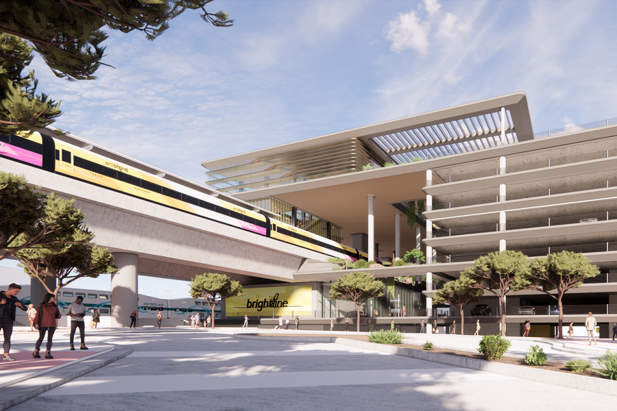 A conceptual rendering of the proposed Brightline West station in Rancho Cucamonga, Ca.