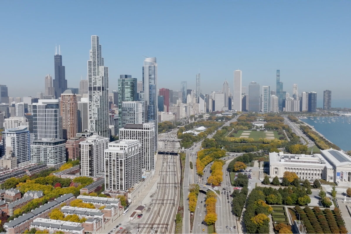 the Chicago skyline with the Metra Electric in the fourground.
