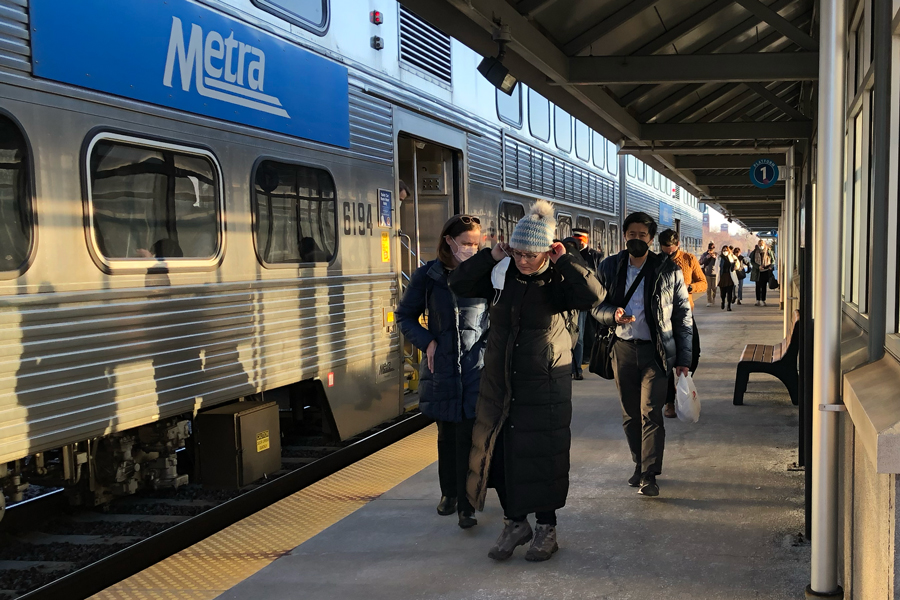 Passengers have just disembarked from a Metra UP North train at Ravenswood.