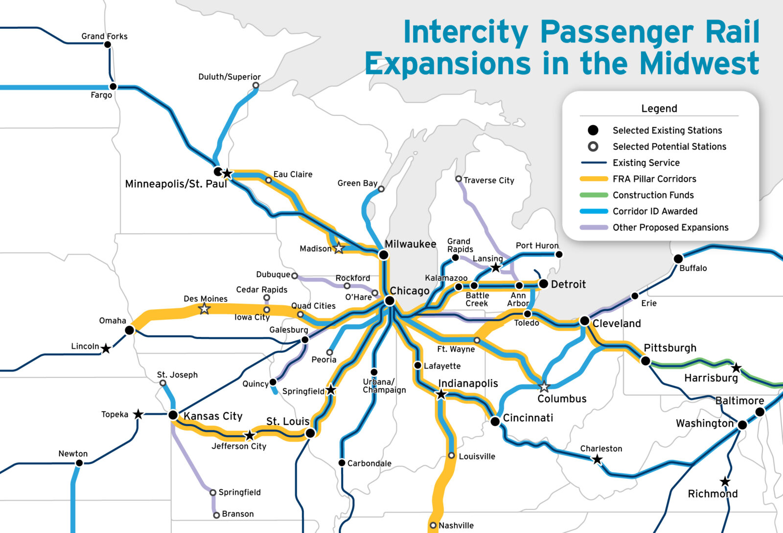 A map of existing and potential passenger rail routes in the Midwest. The layers are 1) FRA Pillar Corridors 2) Corridor ID Corridors 3) Other proposed Expnasions 4) Existing routes.