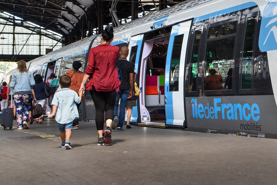 A woman is walking with her child to board a regional train.