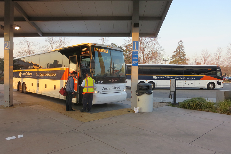 Bakersfield Bus Harnish 900x600 A passenger is about to board an Amtrak bus at Bakersfield, CA