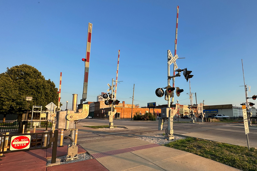 Enhanced crossing gates in a small town.