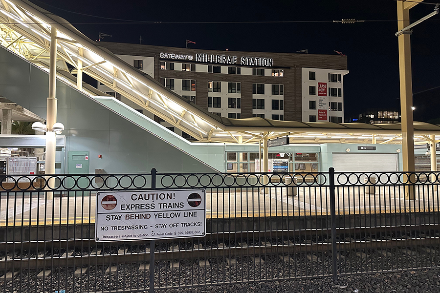 A new apartment building next to the Bart & Caltrain station in Millbrae, CA.