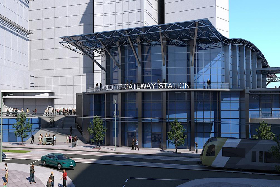 A street level view of the proposed downtown Charlotte railroad station.