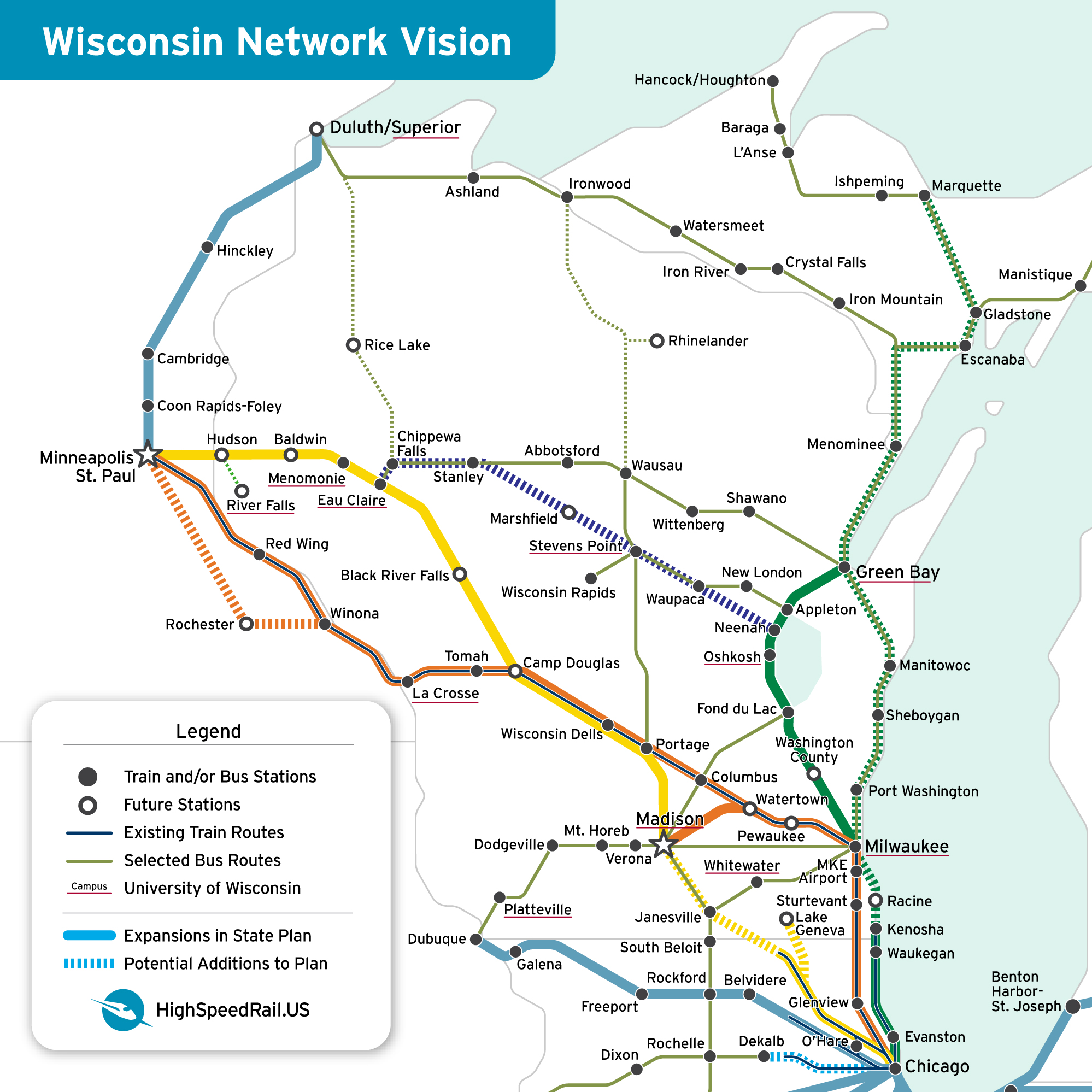 Map of Wisconsin showing proposed new passenger train lines and connecting buses throughout the state.
