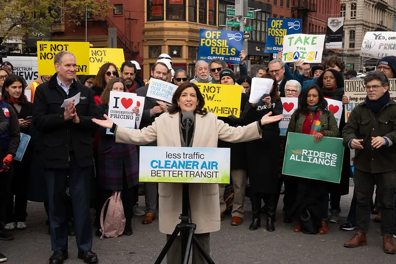In December 2023, Gov. Kathy Hochul joined public transit advocates and environmentalists at a rally in Union Square in support of congestion pricing. photo: Don Pollard/Office of Governor Kathy Hochul