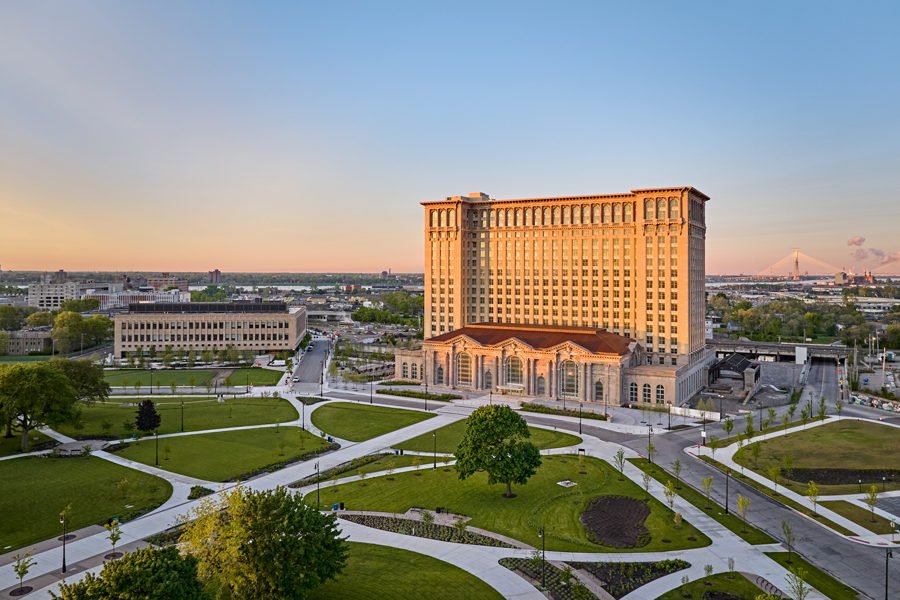 An aerial view of Detroit Michigan Central Station and the park in front of it.