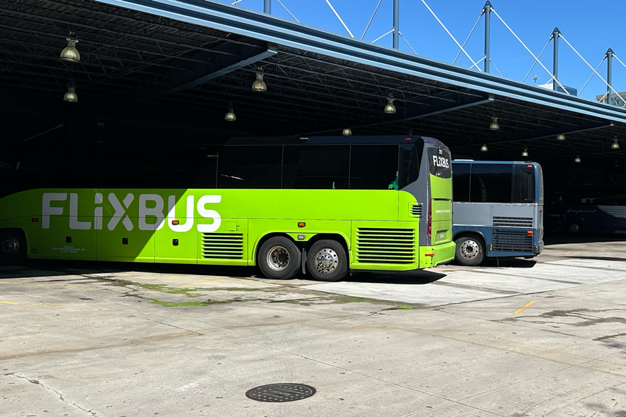 A Flixbus is parked at the Chicago intercity bus terminal.
