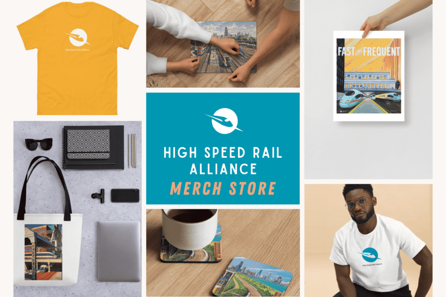 The High Speed Rail Alliance merch store has posters, coasters, puzzles and more.