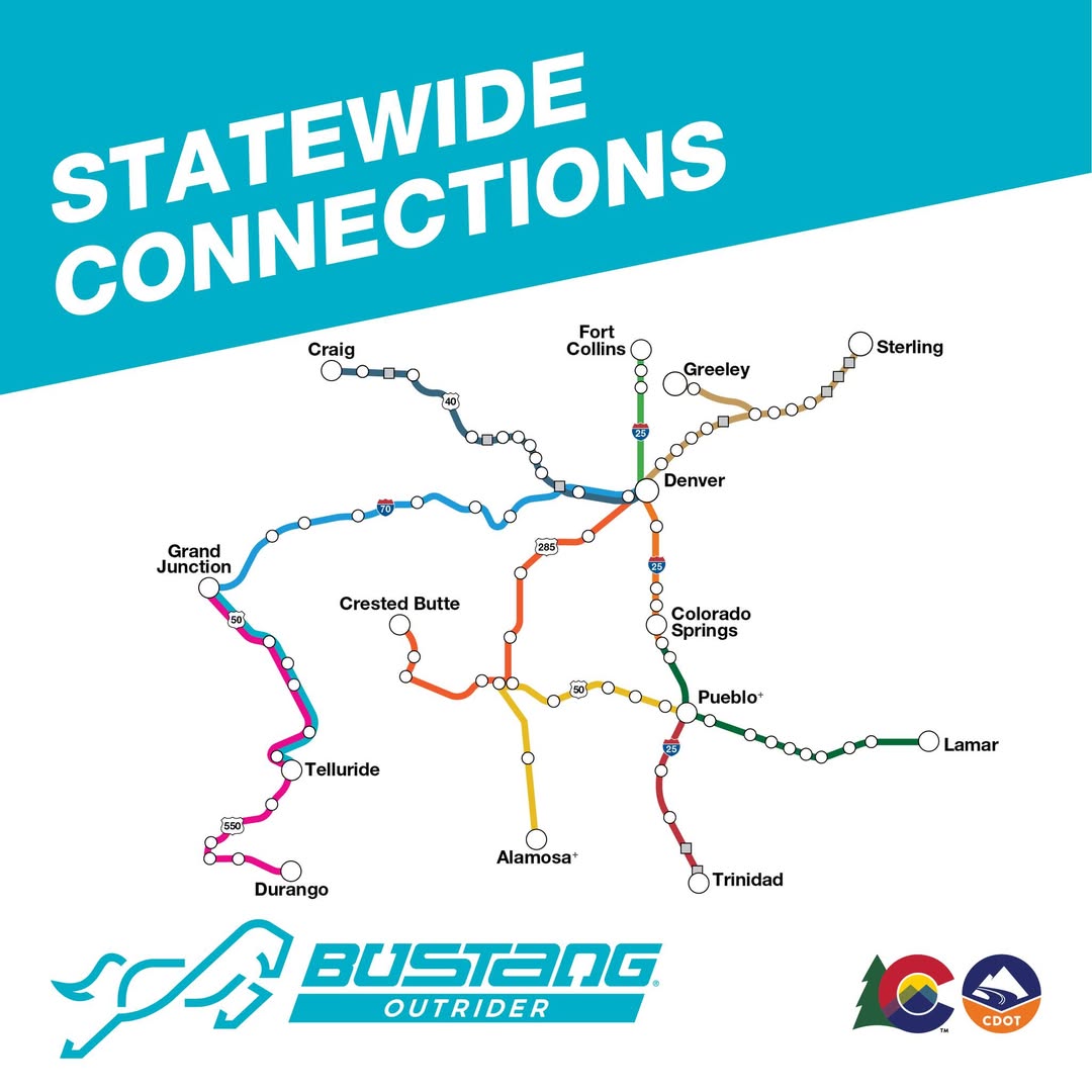 Bustang Route Map A map of Bustang Intercity routes in Colorado.