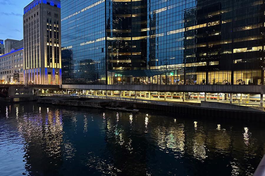 Chicago_Union_Station_300_S_Riverside_from_bridge_night_Harnish_900x600 A view of 300 S. Riverside Plaza and the Old Post Office taken from the Jackson bridge at night. You can see a train under the buildings which are built above the south platforms and tracks.