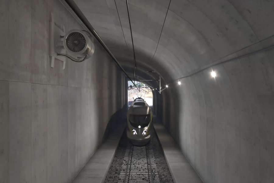 900x600 A conceptual image of a high-seed train existing a tunnel.