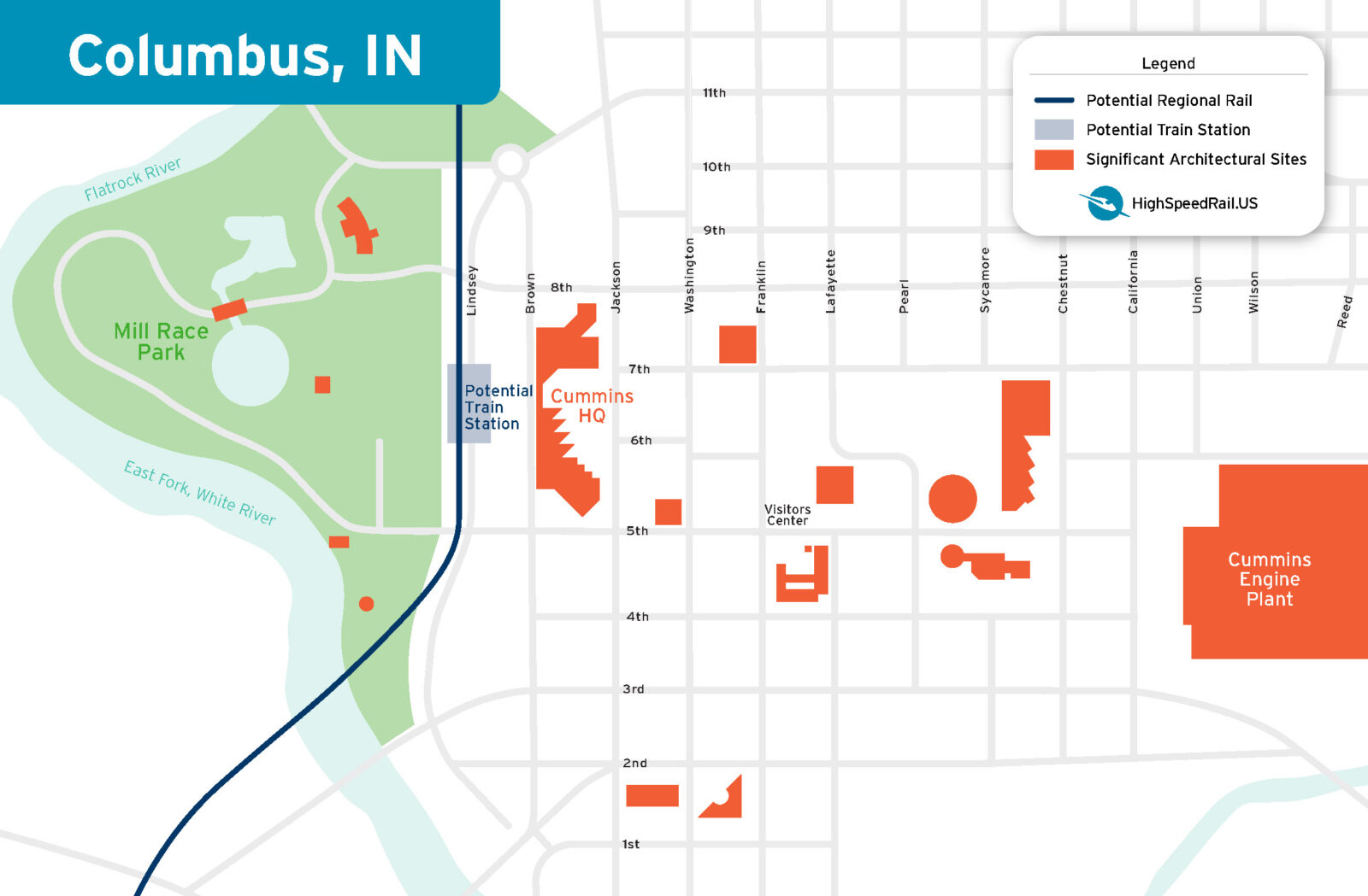 A map showing how a potential train station in Columbus, IN would be walkable from many architectural sites and all of downtown.