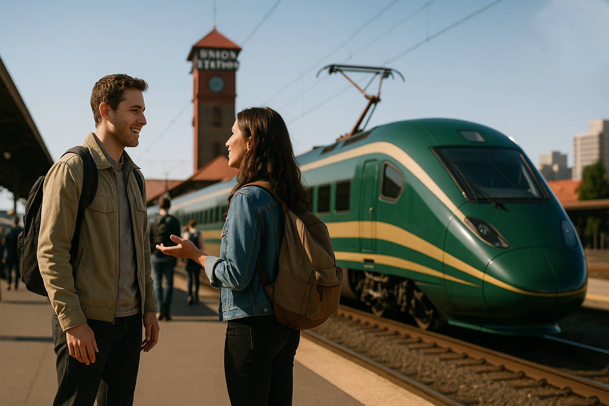 couple_at_portland_station Woman and bearded man talking on train.