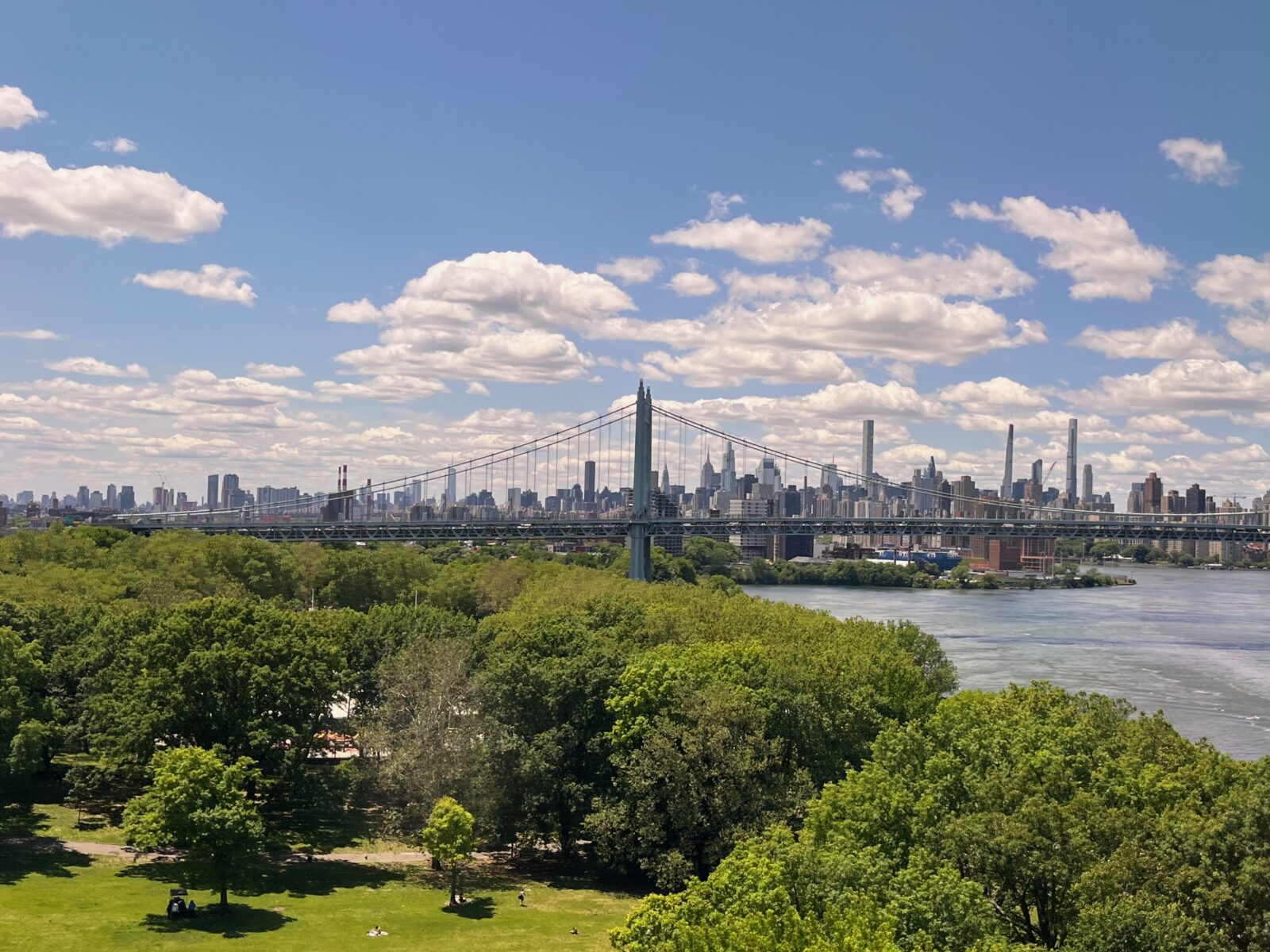 The New York City skyline, as seen from an Acela train in 2023.