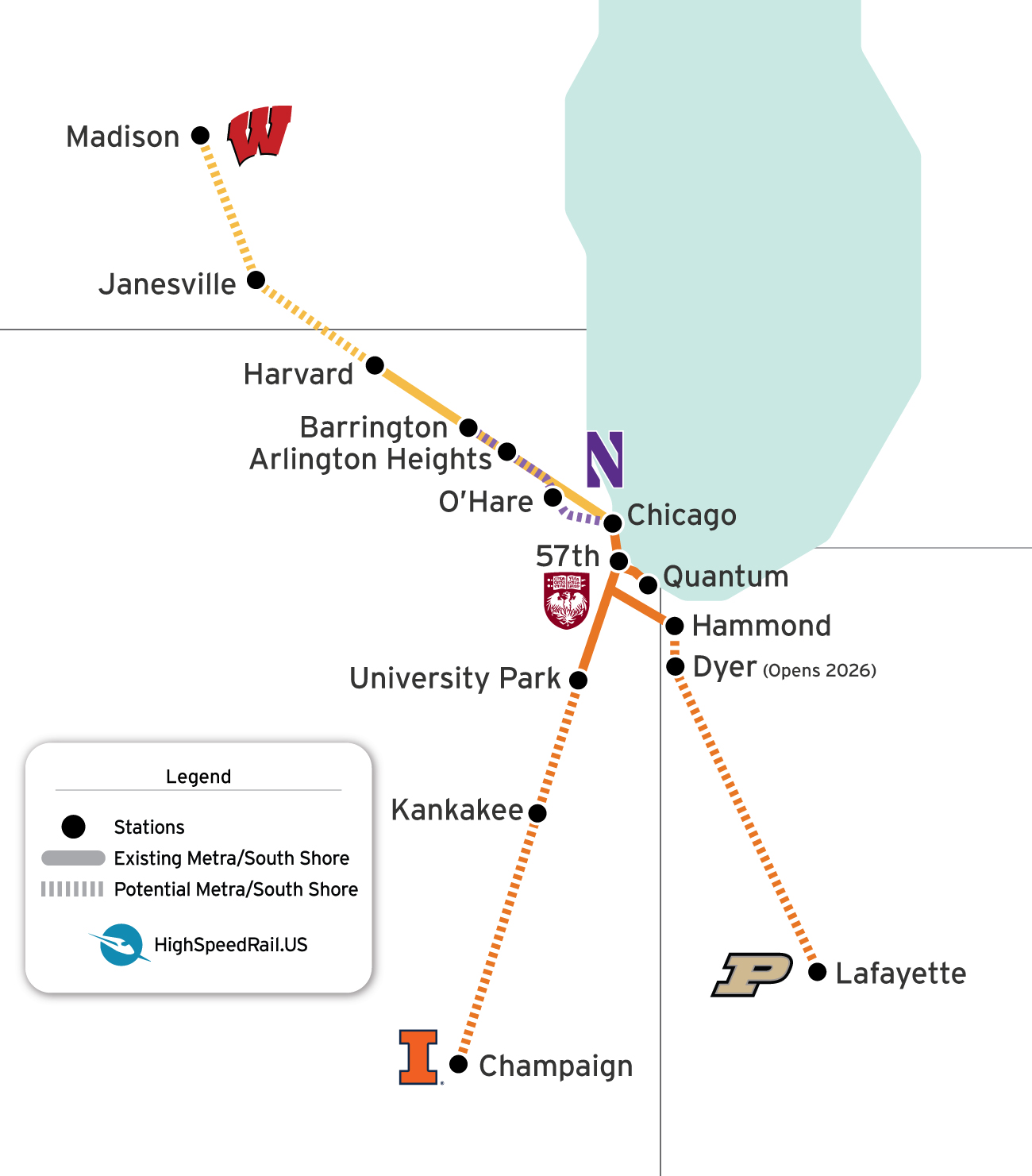 A map showing how upgraded and extended Metra lines could connect partners in the Illinois Quantum and Microelectronics Park.