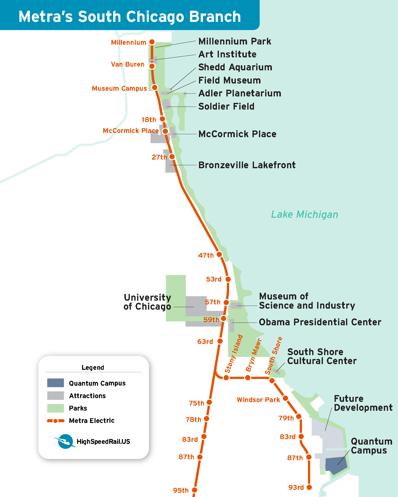A map of the South Chicago Branch showing the many attractions along the route, including the Quantum Computing Campus.