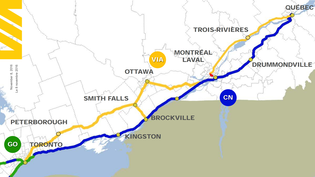 Via_HFR_map A map of the possible route of a new high-speed line linking Toronto, Montreal, and Quebec City compared to the shared-use route.