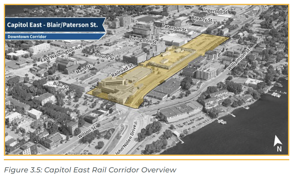 The potential Blair St. station location in Madison, WI