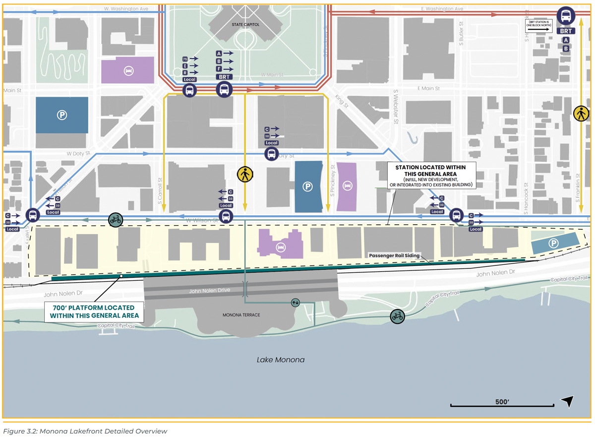 A potential layout for a station at Monona Terrace, Madison, WI