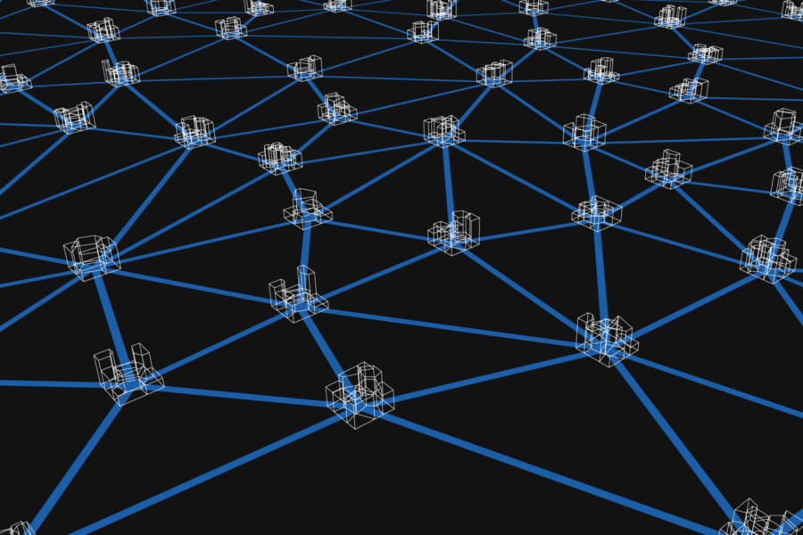 An abstract, geometric representation of cities connected by rail lines, with a black background, blue lines, and white outlines of polygons