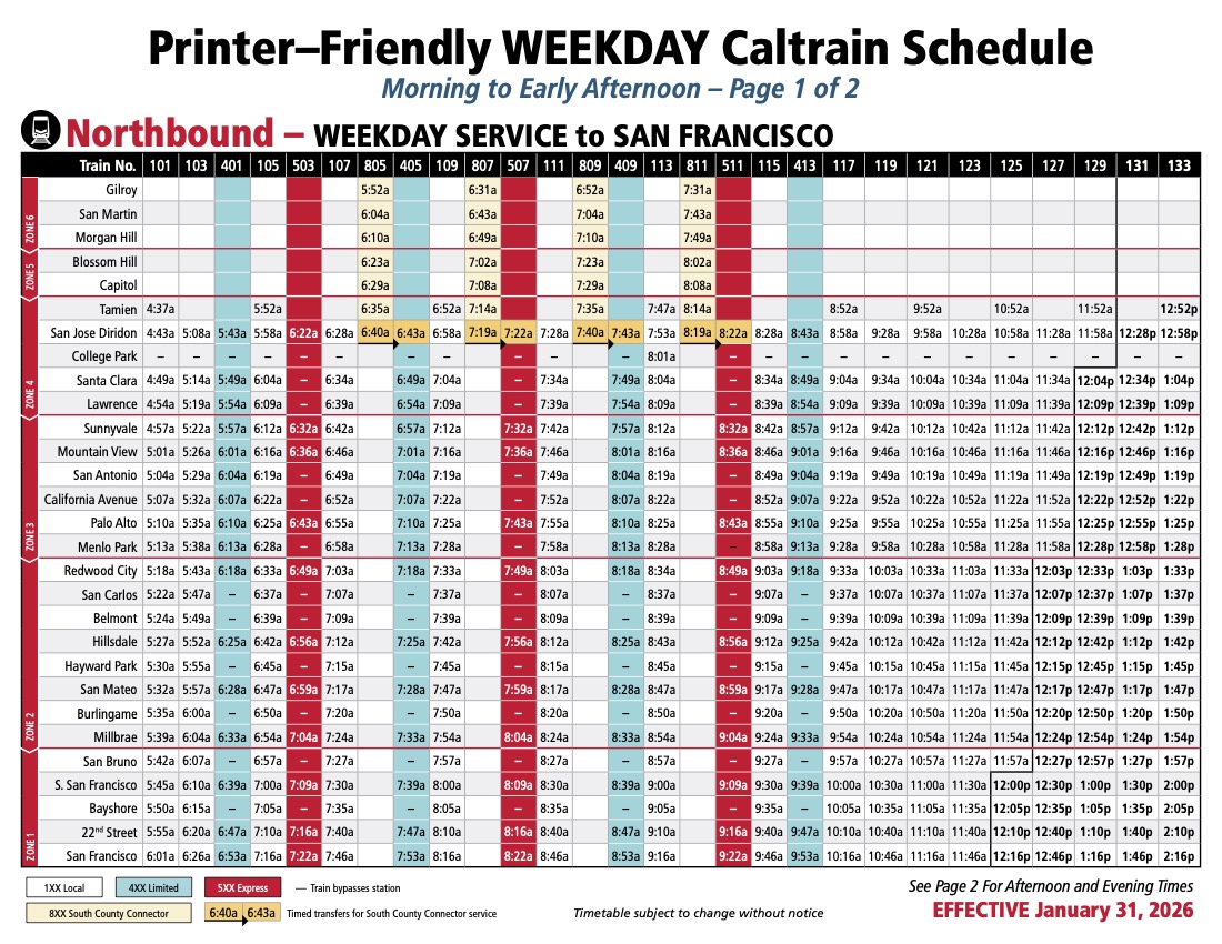 Caltrain has departures every thirty minutes, even on weekends.