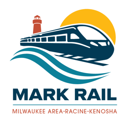 MARK Rail Commission logo with a high-speed train in the foreground and a lighthouse and sun in the background.
