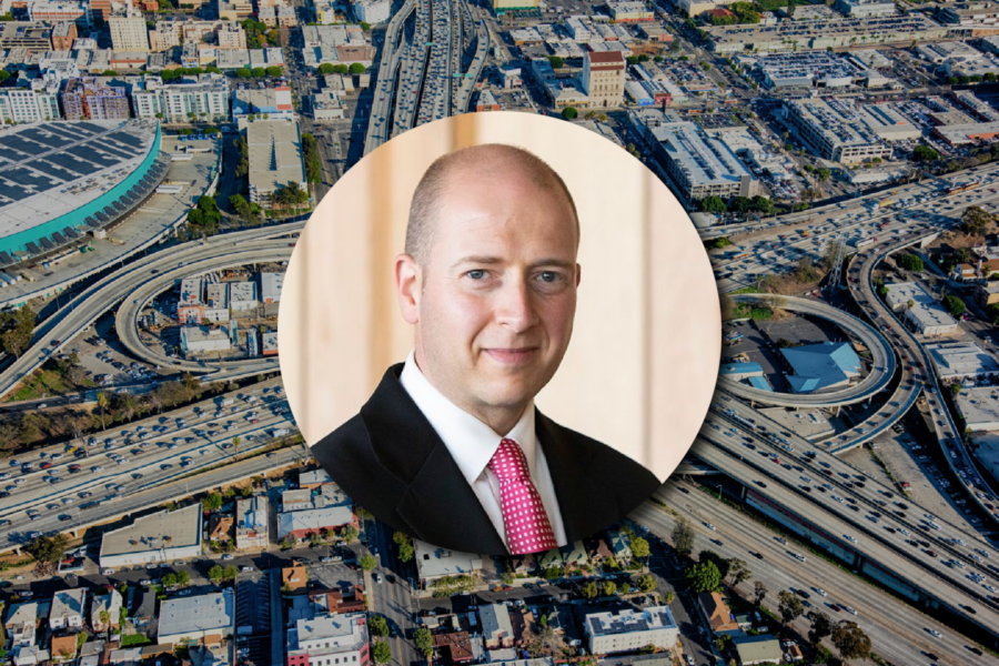 A headshot of Russell King, transportation expert, laid over an image of a congested highway cloverleaf in Los Angeles, California