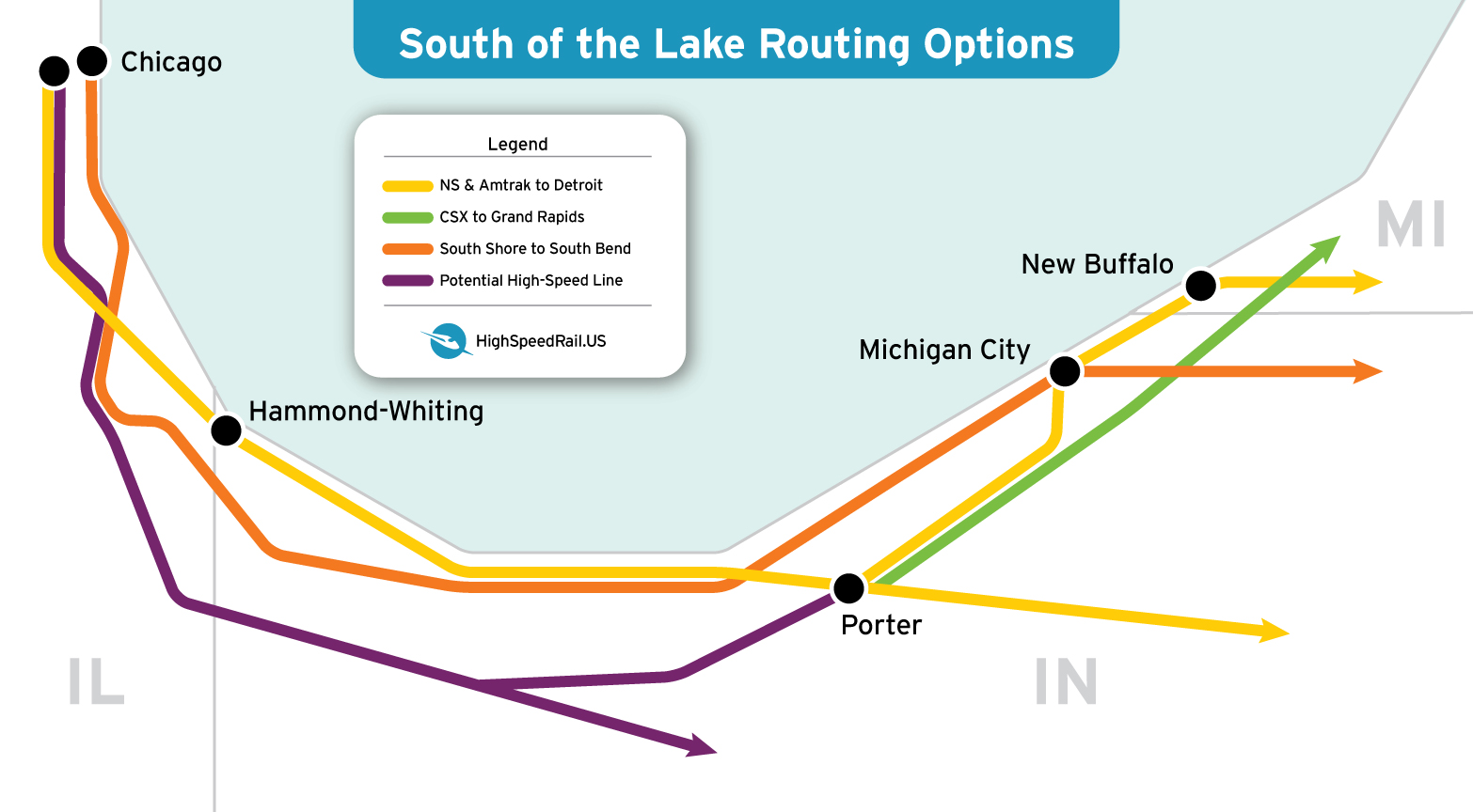 A map of potential options for routing trains around the southern end of Lake Michigan.