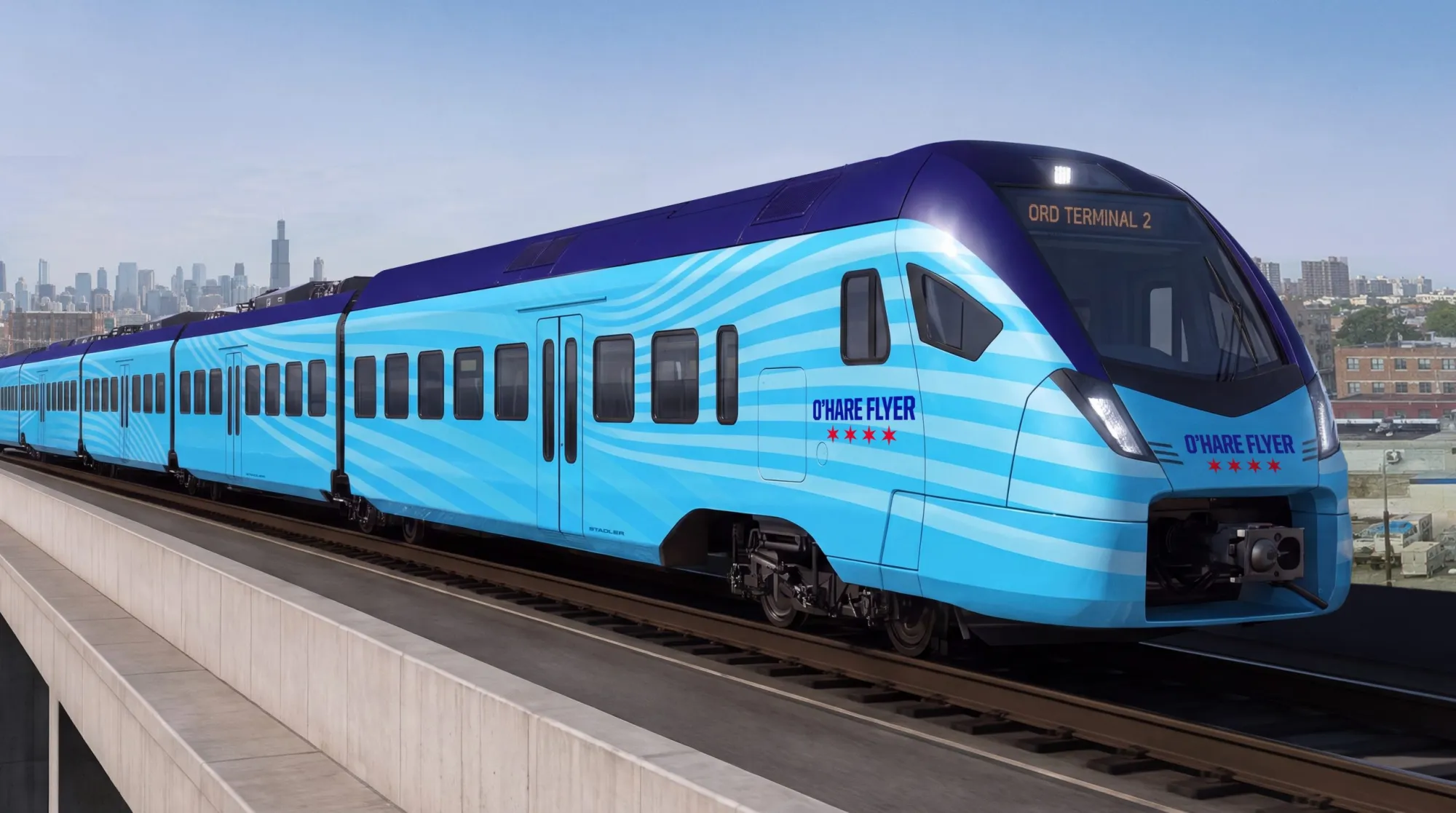 A blue O'Hare Flyer train making its way to Terminal 2 with the Chicago skyline in the background.