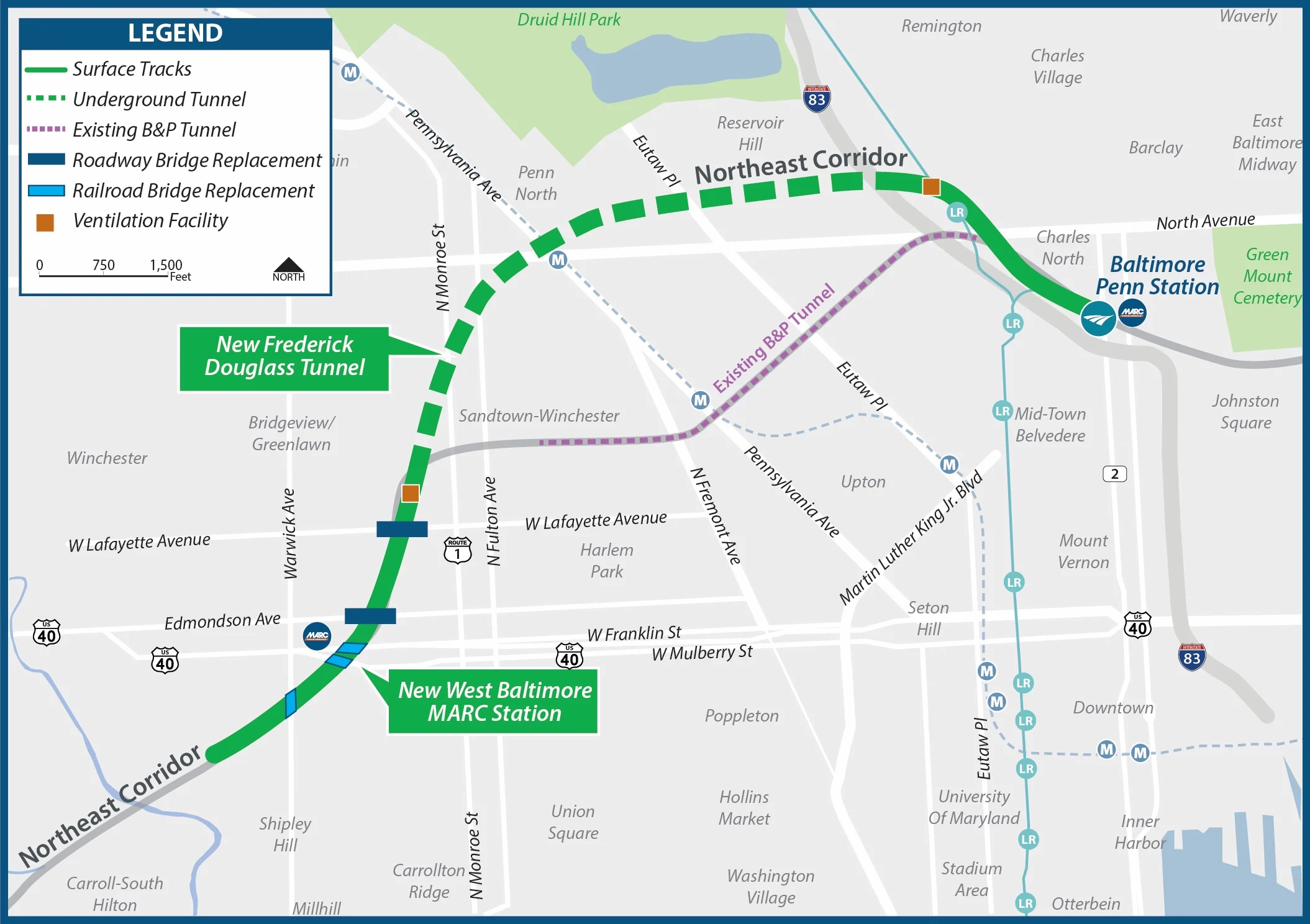 A map showing the alignment of the new Fredrick Douglas tunnels and related projects.
