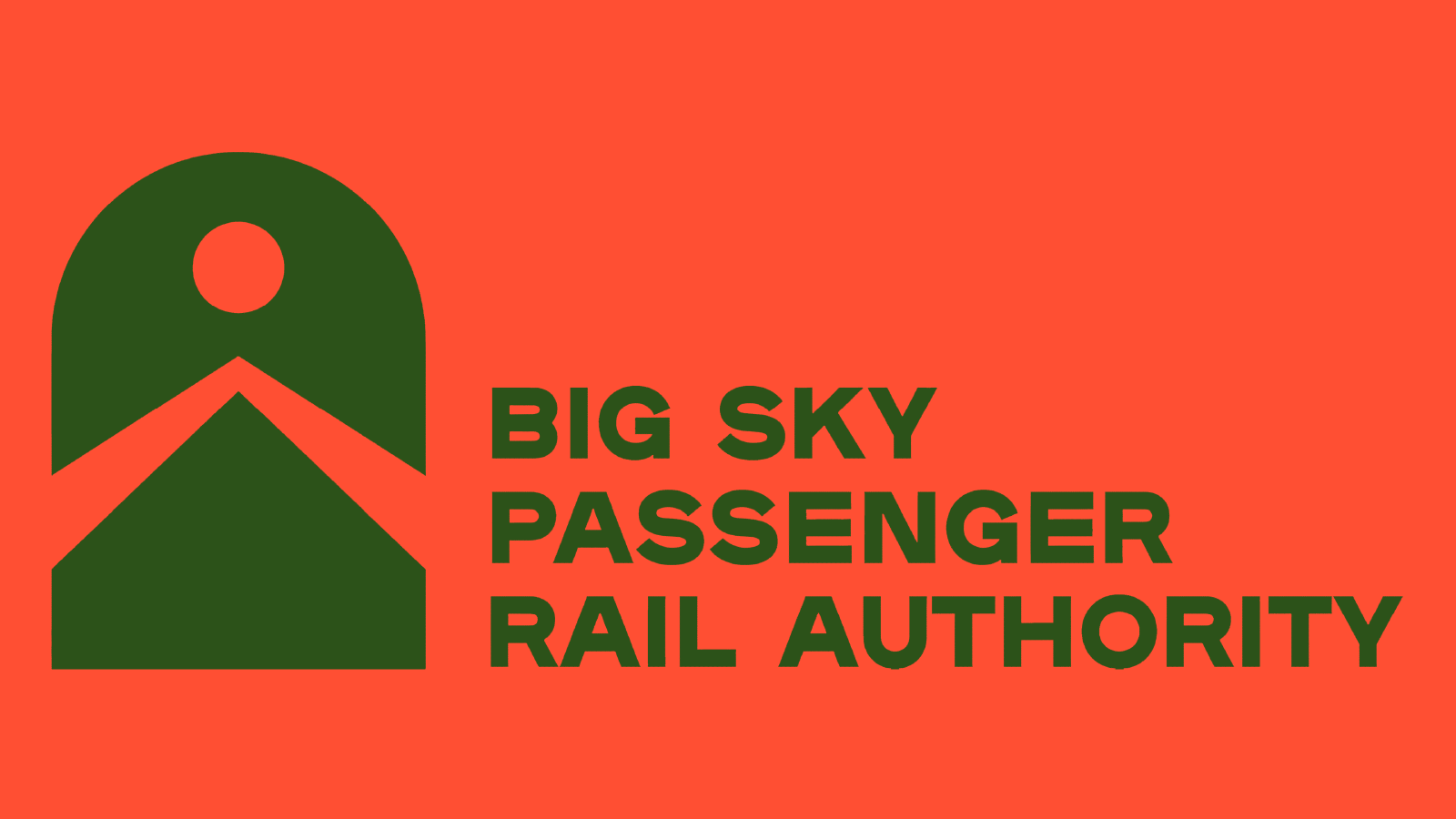 The logo for the Big Sky Passenger Rail Authority with a crimson background, forest-green lettering, and a forest-green logo of the sun rising over a mountain on the left.