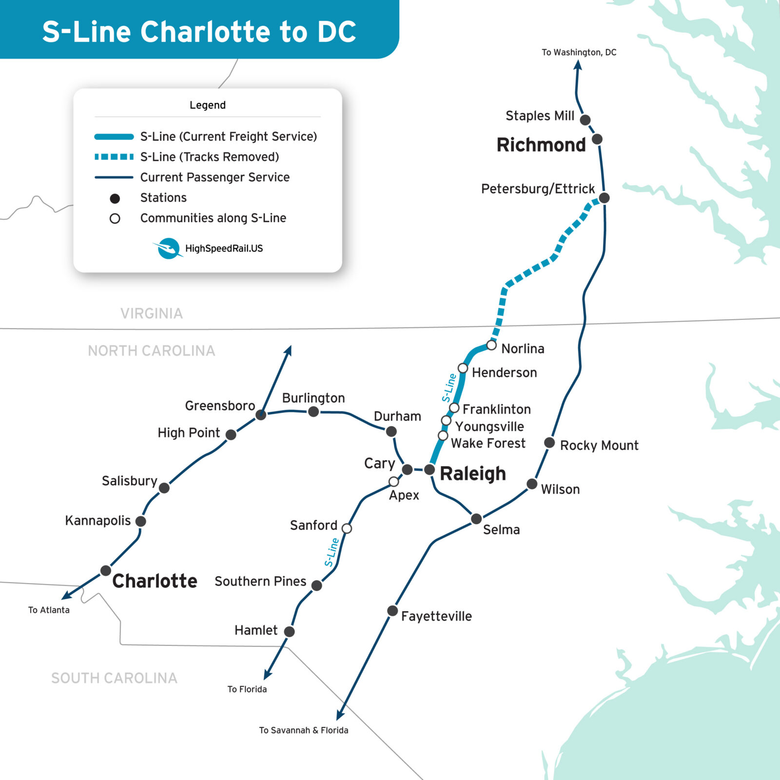 A map showing how the S-Line relates to existing passenger rail routes.