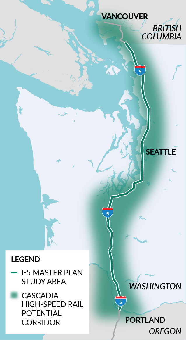 WSDOT_CascadiaHSR_ProgramMap_2025-08-18 Cascadia Program map showing the I-5 Master Plan study area from the U.S.-Canada border in Blaine to the Oregon-Washington border. The Cascadia High-Speed Rail Corridor Area stretches from the Portland, OR, Seattle, WA and Vancouver, British Columbia metropolitan areas.