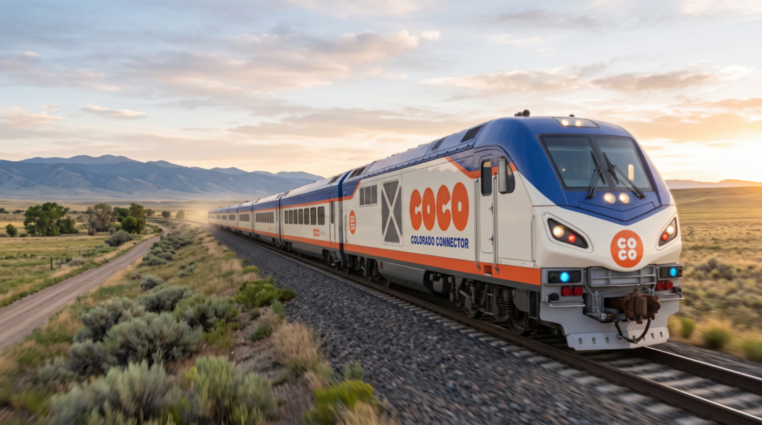 A rendering of the Colorado Connector passenger train riding through the open grassland of the Front Range